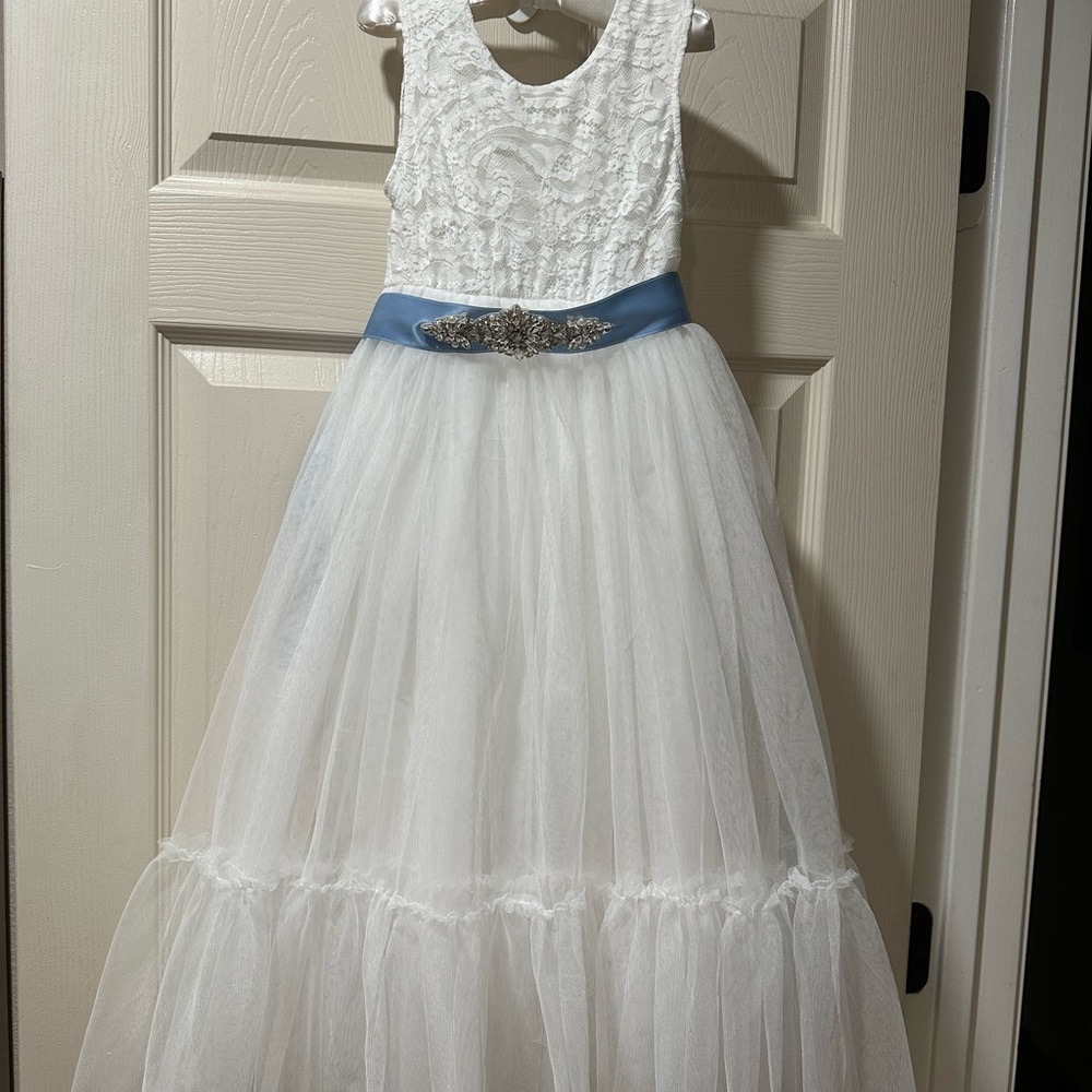 Elegant White and Blue Kids Dress